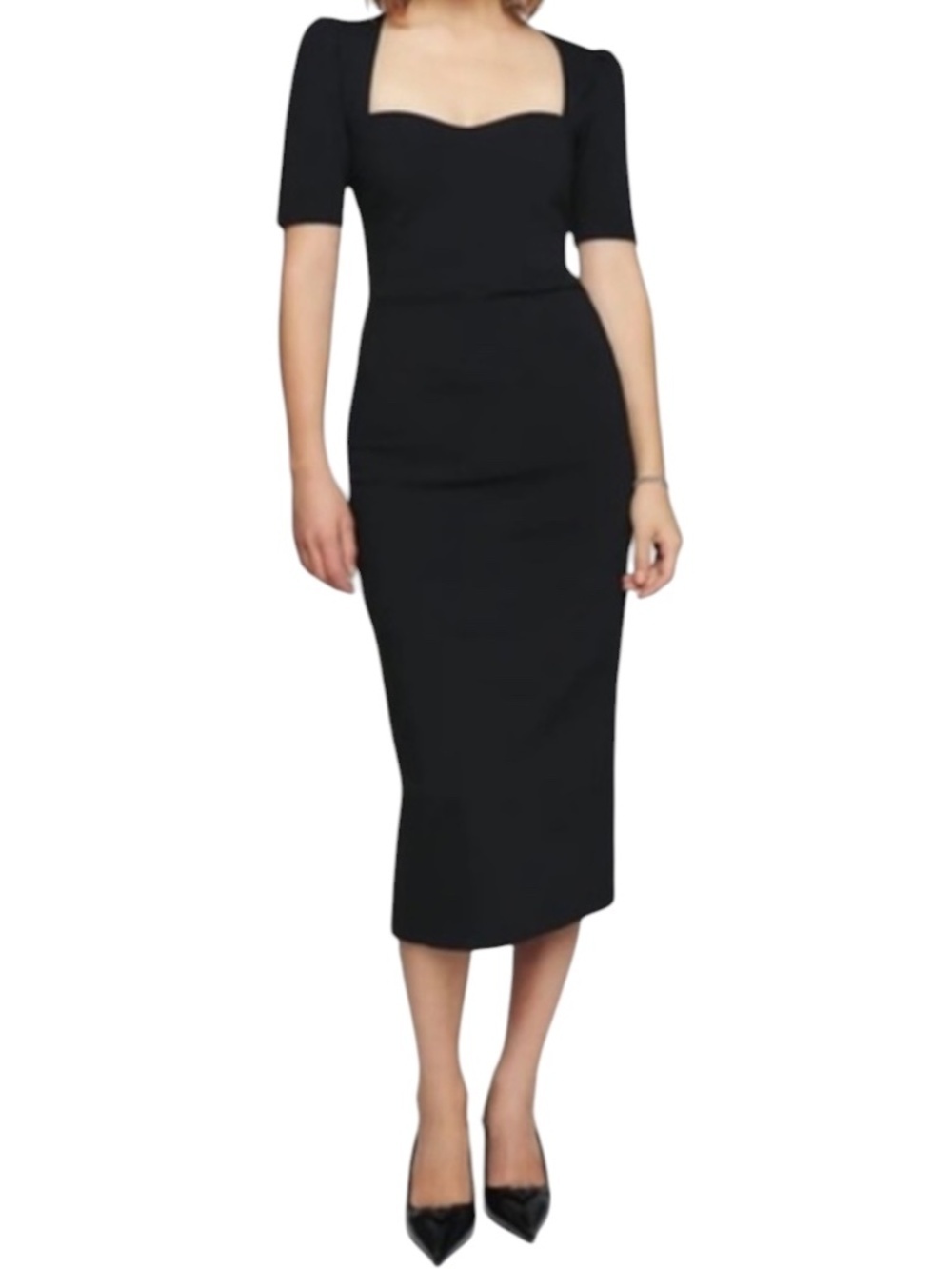 REFORMATION Clayten Knit Dress Sweetheart Fitted Ponte Vented Midi Black XS = 0